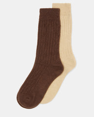 2 PACK CABLE TEXTURED BOOT SOCKS TAN MULTI